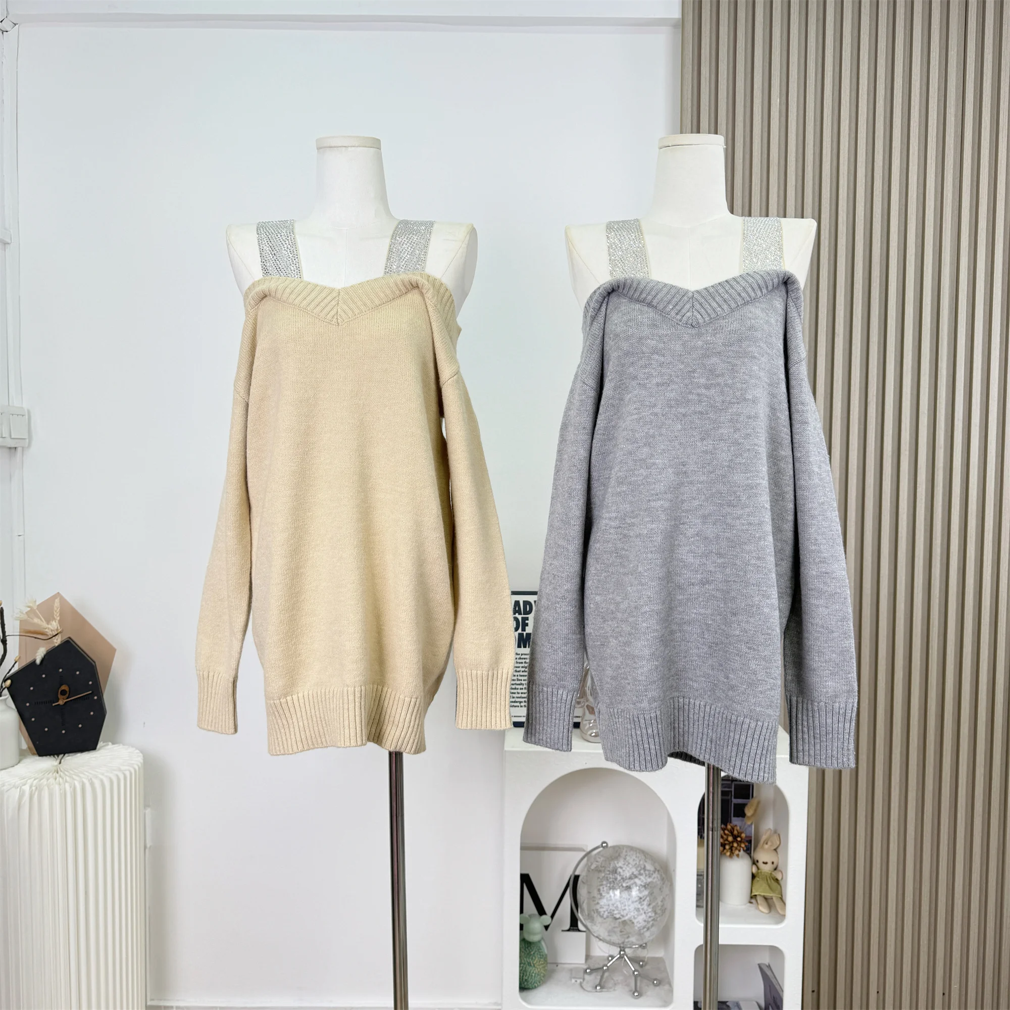 

Корейский модный вязаный пуловер с v-образным вырезом и открытыми плечами, однотонный универсальный вязаный пуловер с длинными рукавами, осенний женский джемпер, шикарный свитер Y2k C262