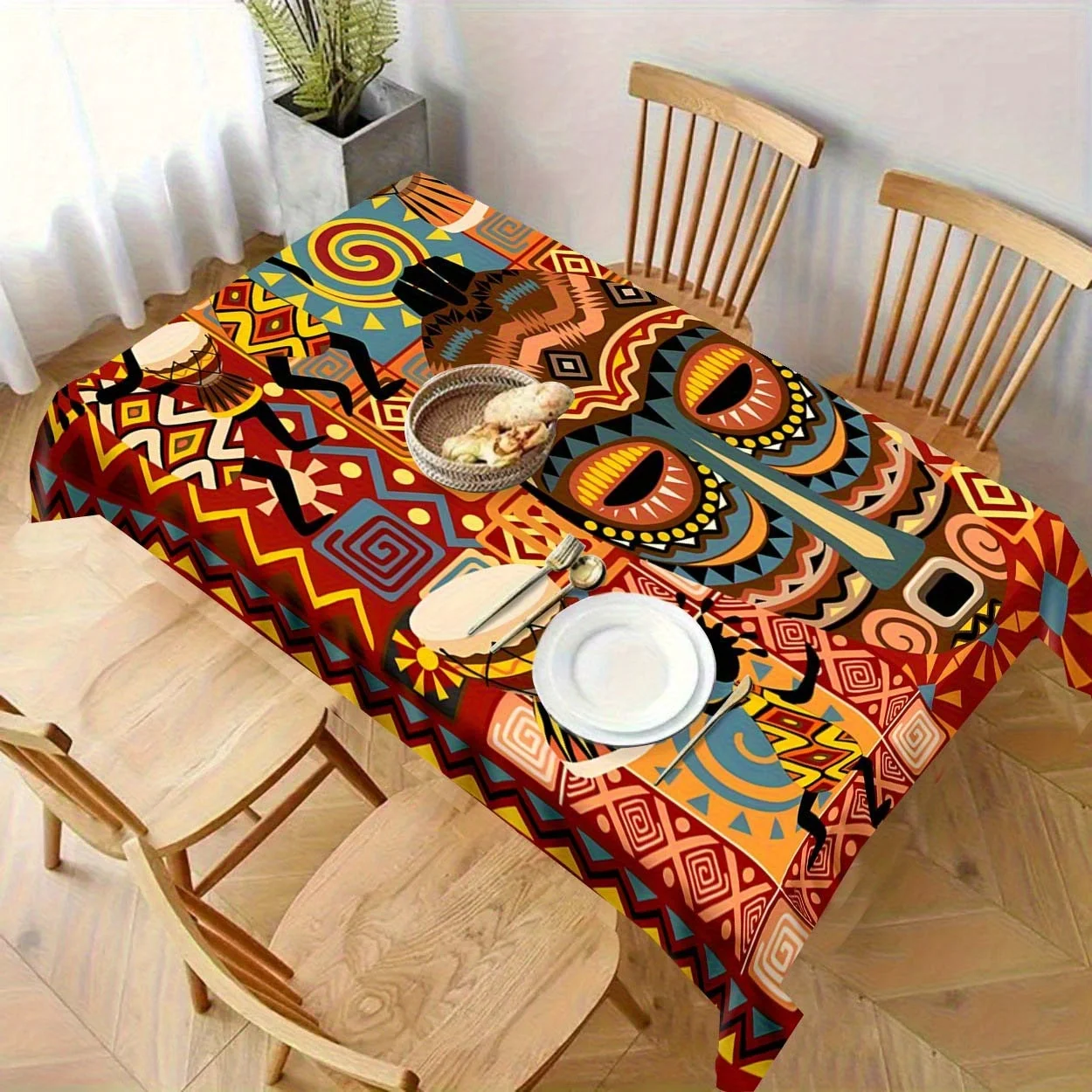 One African tribal style tablecloth - vibrant geometric patterns, polyester material, for indoor use