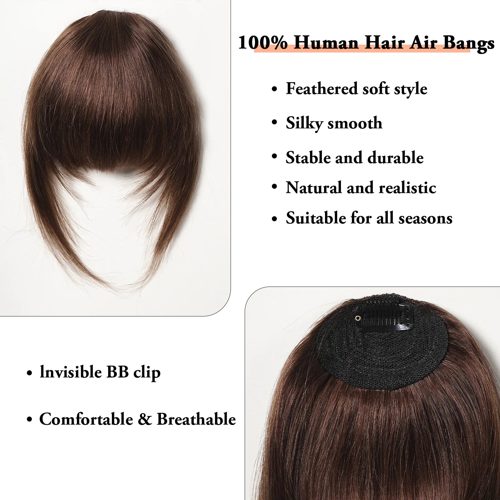 100% Remy Human Hair Bangs for Women 4.5 inches Dark Brown Human Hair Extension Clip in Human Hair Air Bangs Straight Hair Piece