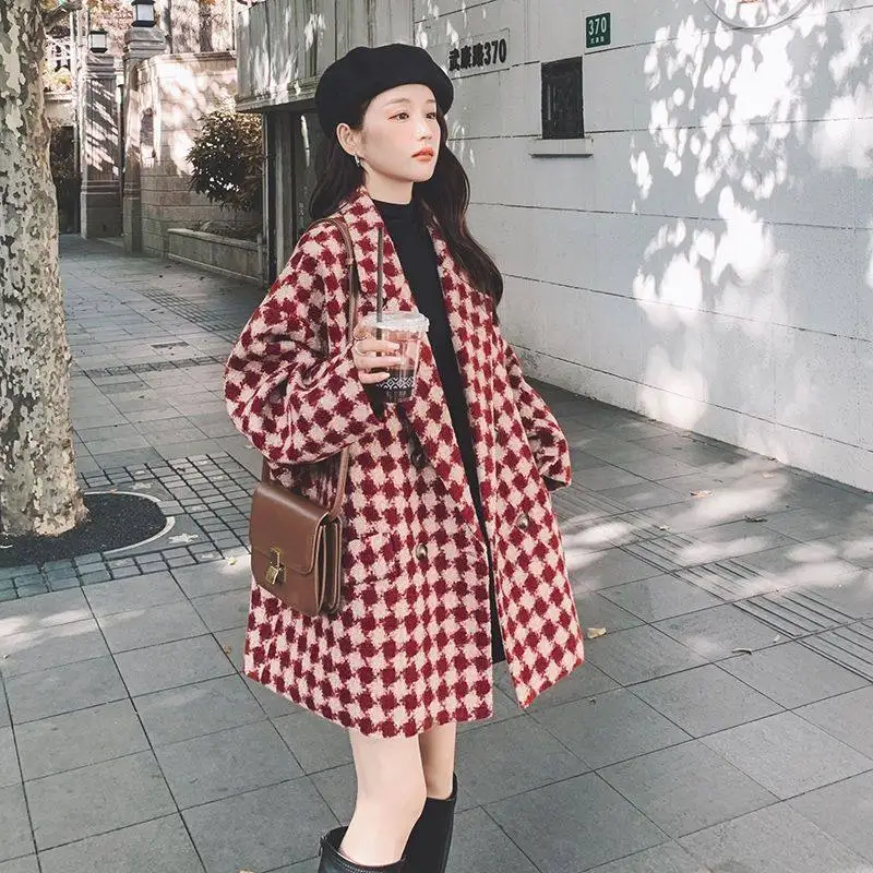 

Women's Retro Red Grid Suit Jacket Autumn Casual Top Oversize Clothes Female Fashion Long Sleeved Warm Thin Coat