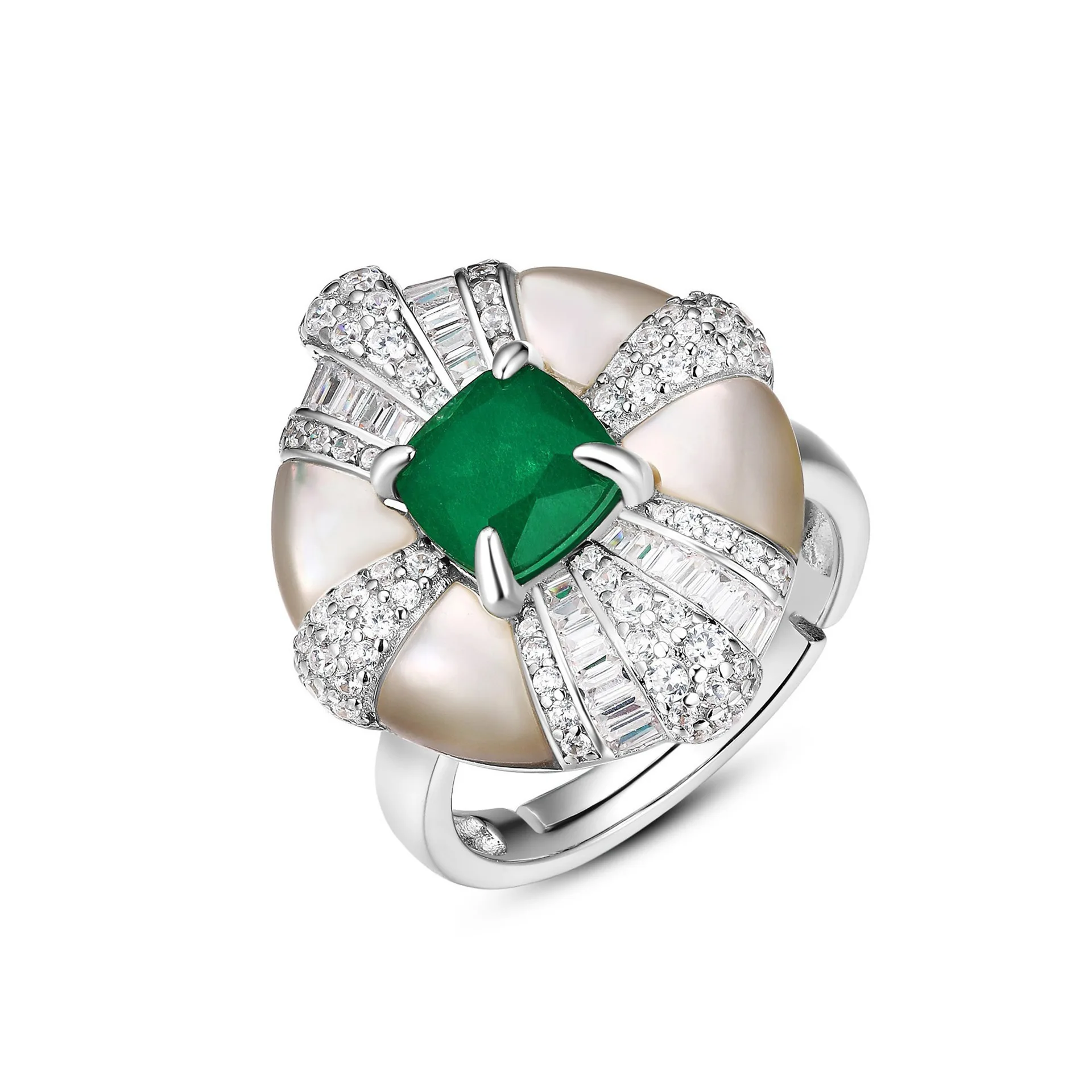 New S925 Silver Ring High Carbon Diamond Wood with Green Mother Shell Retro Jewelry Versatile Girl Ring Wedding Jewelry