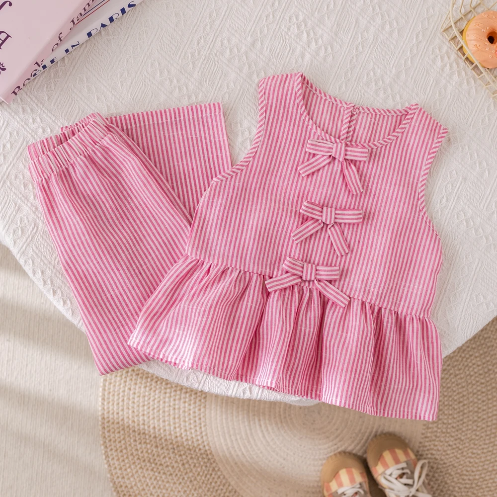 Summer Girls\' Suits Pink vertical stripe Bow Sleeveless Vest Top+Pants Two-piece Set Sweet Kids\' Clothing Sets