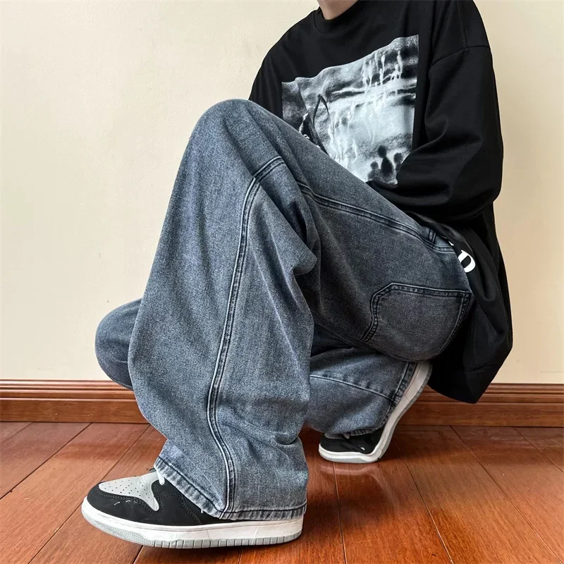 Men Grey Streetwear Baggy Jeans 2023 Mens Kpop Solid Denim Pants Couple High Waisted Vintage Oversized Joggers Pants