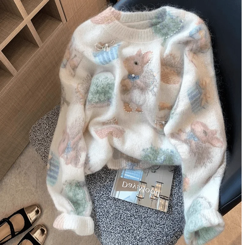 

Soft Cozy Rabbit Print Knitted Sweater Women's Loose Fit Autumn Winter Sweet Gentle Sle Versatile Comfortable Knitwear