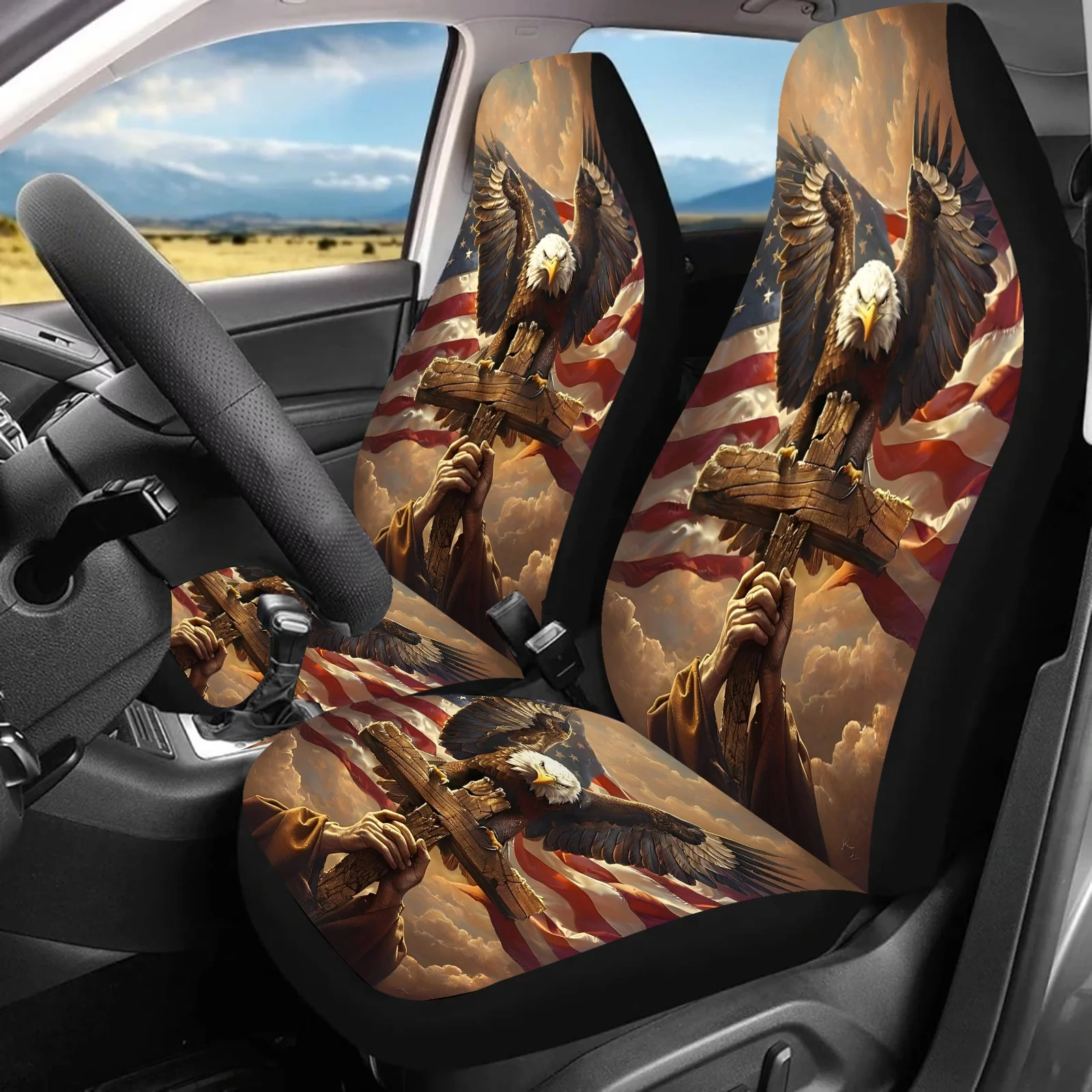 

2pcs Eagle On The Cross Print Car Seat Covers Compatible For Cars, SUVs, Trucks - Fit Front Seat Protectors With Cushioned Paddi