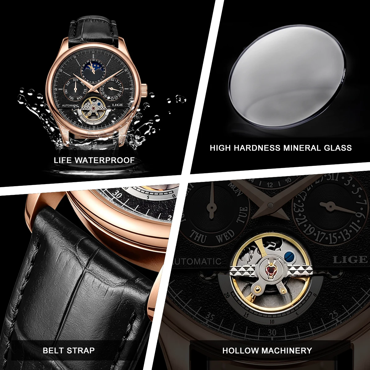 LIGE 2026 Classic Mens Retro Watches Automatic Mechanical Watch Tourbillon Clock Genuine Leather Waterproof Military Wristwatch