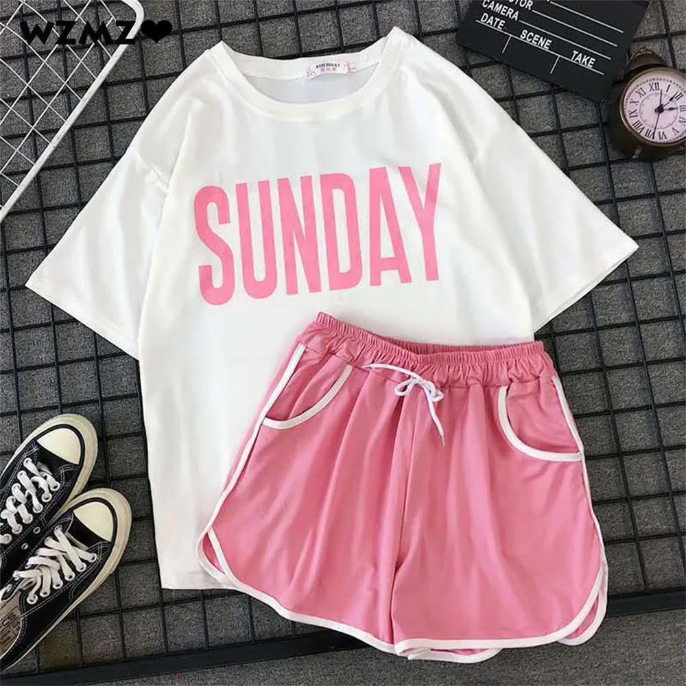 Girls Casual Pajama Set Korea Style Fashion SUNDAY Print Top Panty  Sport Sweet Short Sleeve Women's T-shirt & Drawstring Shorts