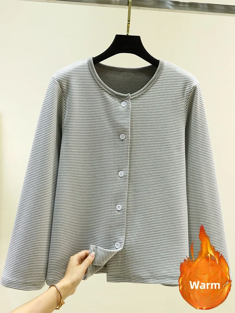 Thickened Fleece Warmth Women's Open Cardigan Long Sleeve Striped Home Clothes plus Size Single Button Sleepwear Top