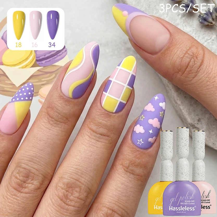 3pcs Bright Macaron Yellow Nude Violet Nail Gel Kit, Hassleless Long Lasting Soak Off UV Gel for Classic Wave Star French
