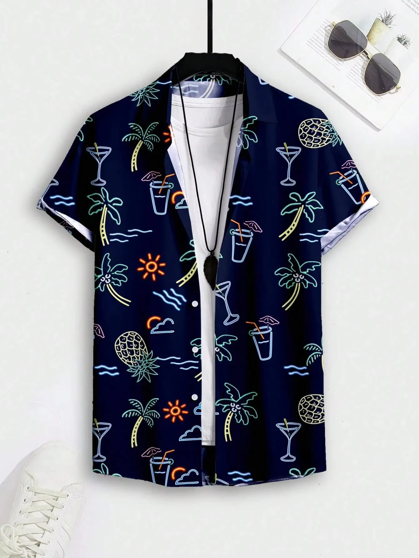 Hot Selling Top Hawaiian Style Coconut Print Men Short Sleeve Shirt, Fashion Tops for Summer Vacation & Outdoor Leisure
