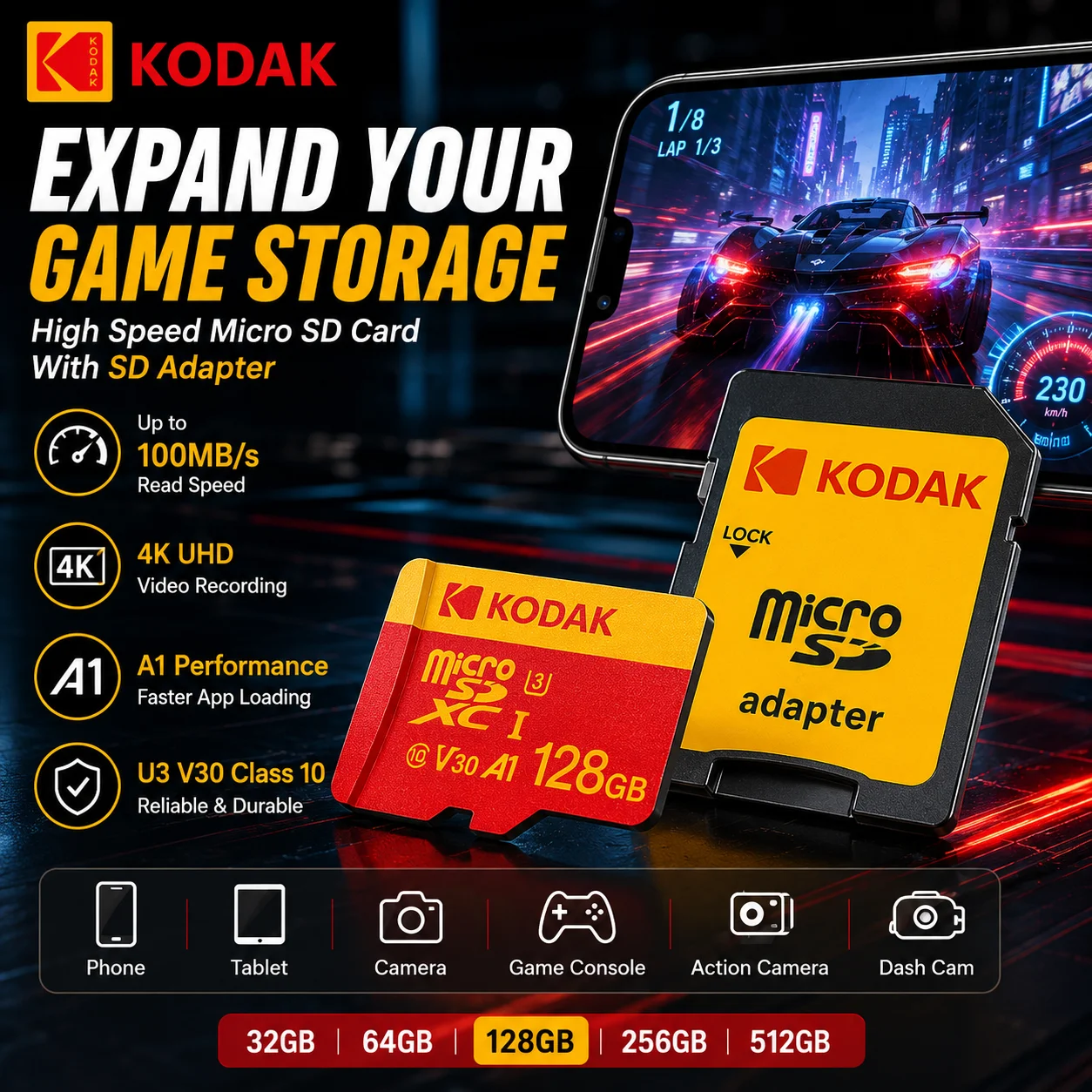 Kodak 32 64 128 256GB Micro SD Card U3 V30 A1 4K High Speed TF Memory for Camera Drone Dash Cam Adapter