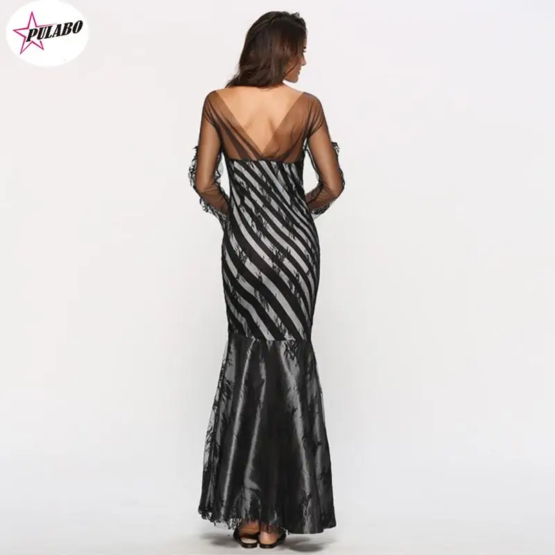 PULABO Vintage Sheer Long Sleeves Dresses Mermaid Appliqued African Formal Dress Women Elegan Black Girls Gowns Female