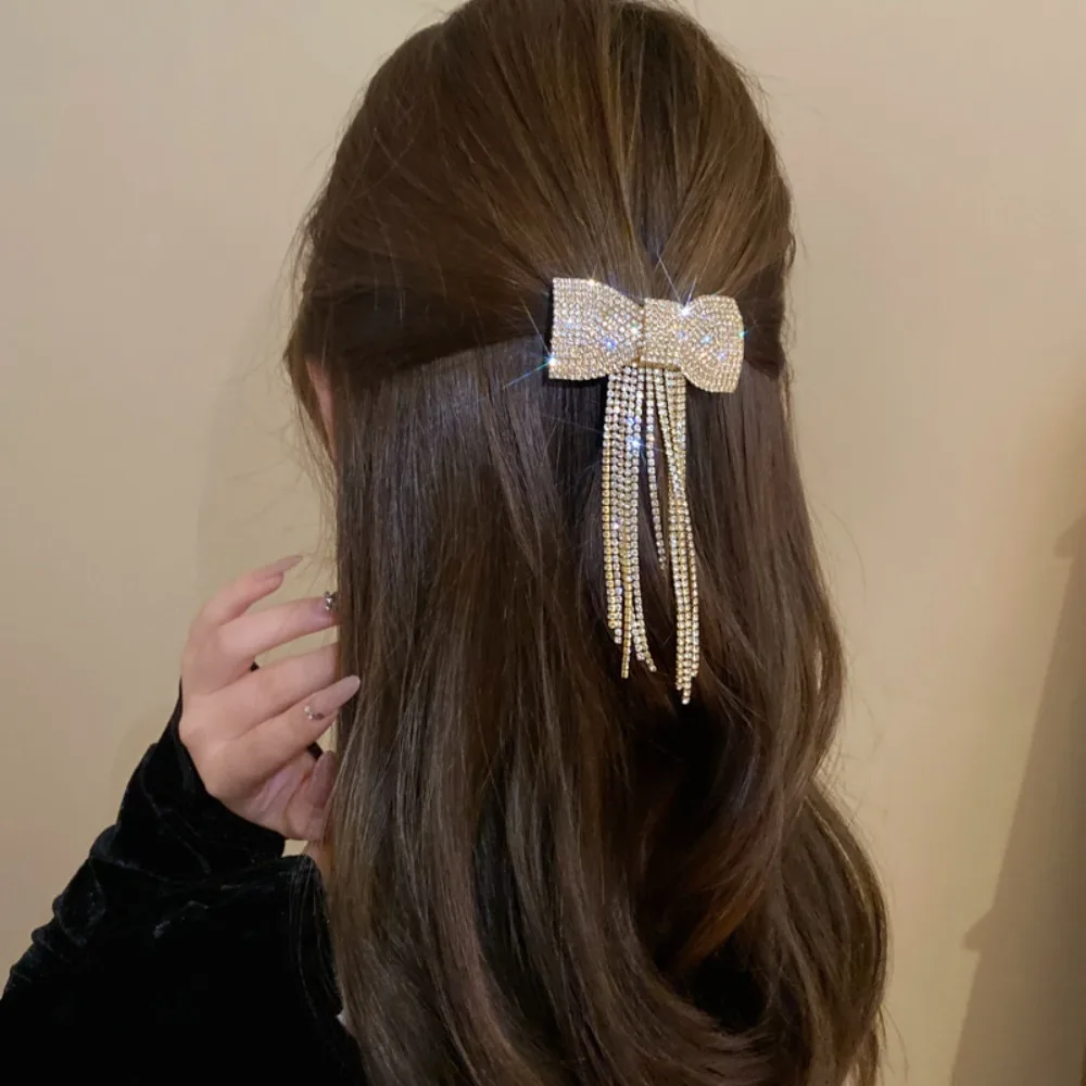 Rhinestone Bow Fringe szpilka do włosów dla kobiet moda temperament spinka do włosów koreańskie światło luksusowe złoty kolor srebrny akcesoria do włosów — zdjęcie 3