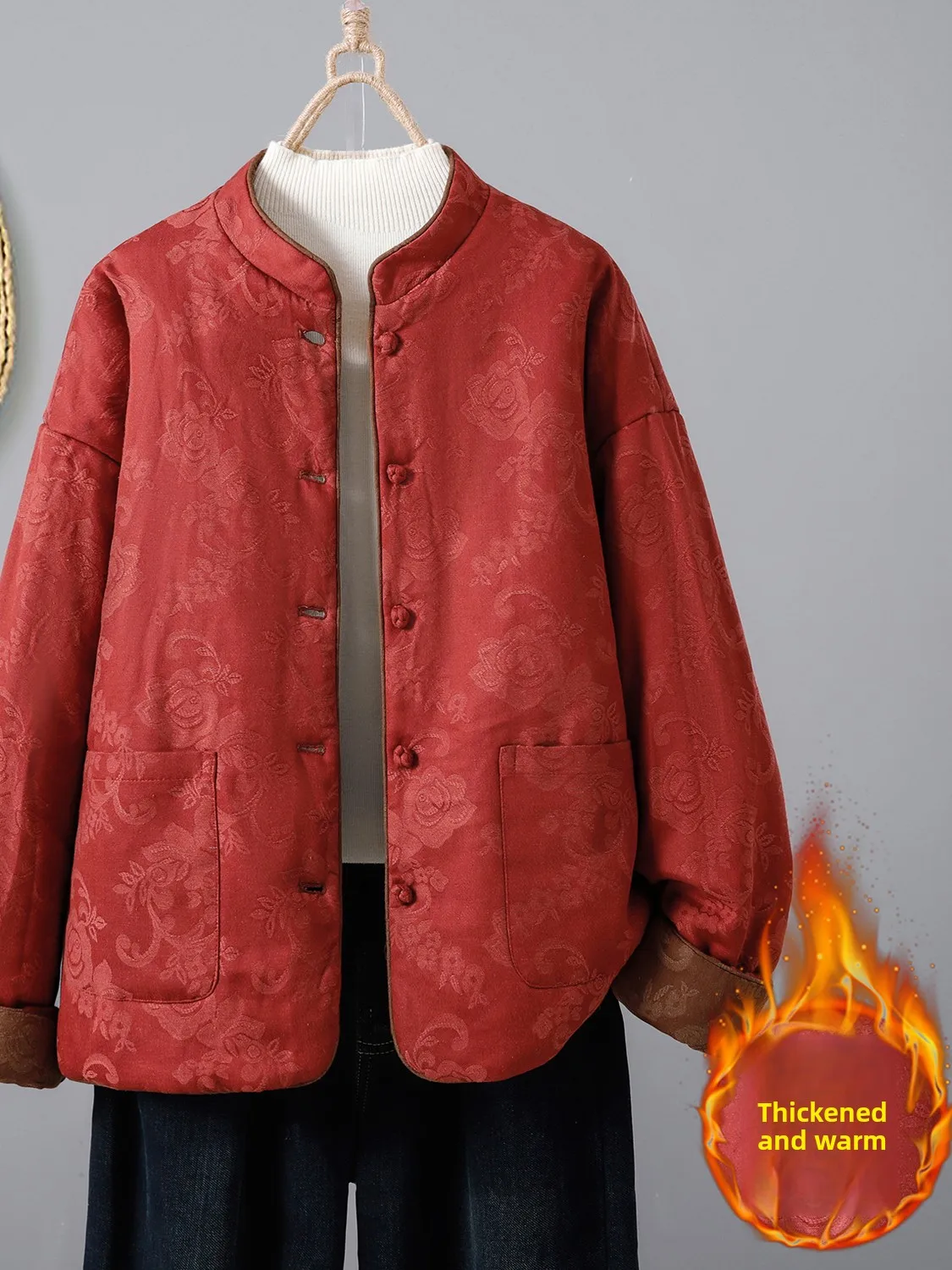 

Двусторонний двойной новый китайский хлопковый тюре с вышивкой в стиле ретро и пуговицами, женский свободный воротник-стойка, осенняя новая тонкая кроватка...