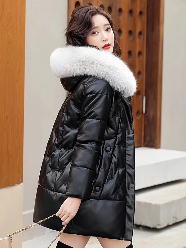 Women's Mid-Length Thickened Leather Coat Sheepskin Fur Collar down Jacket Warm Commute Style Long Sleeve Polyester Lined