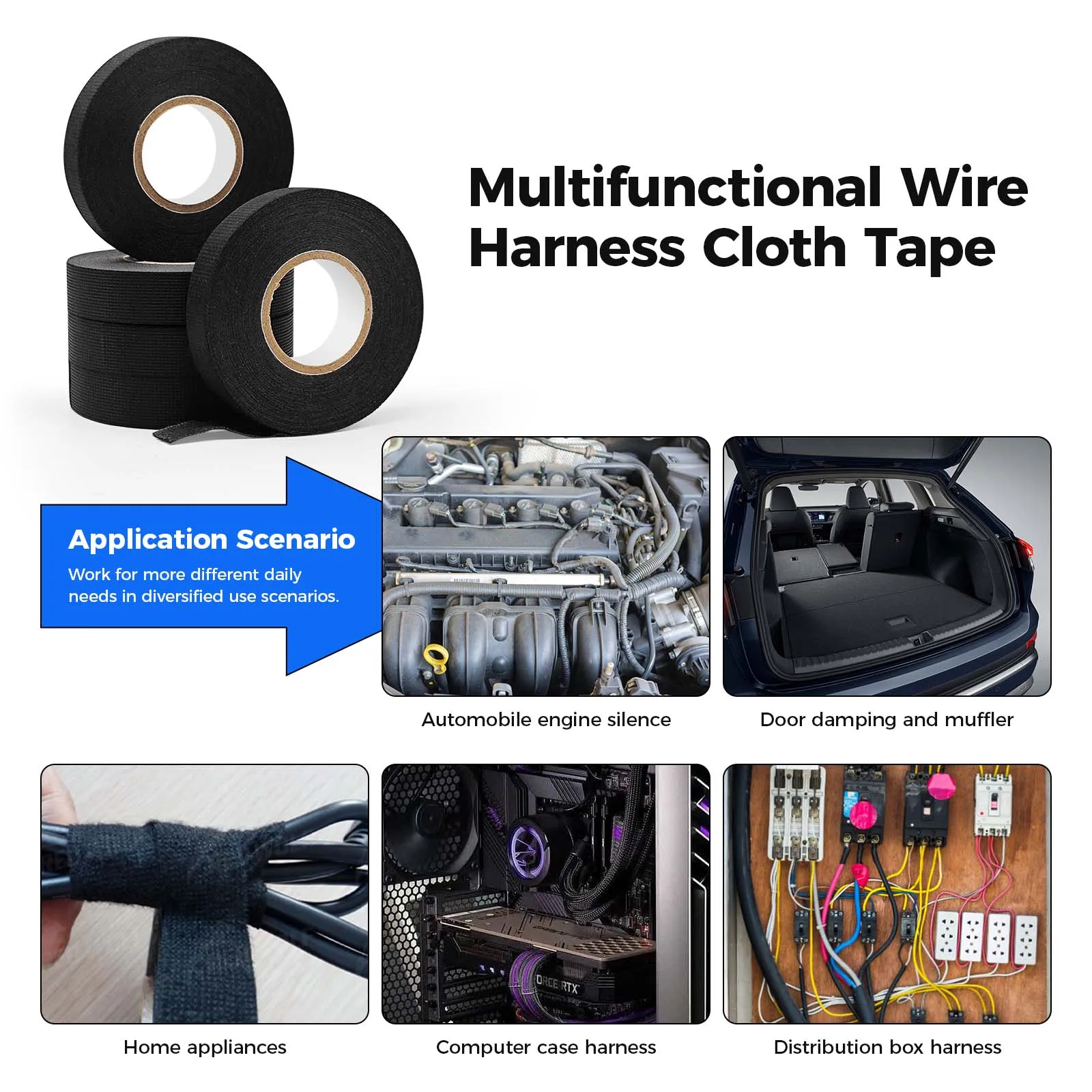 5 قطعة 15 متر ارتفاع درجة الحرارة سلك تسخير التفاف ذاتية اللصق أسلاك السيارات تسخير شريط قماش سيارة الضوضاء التخميد الشريط الكهربائي