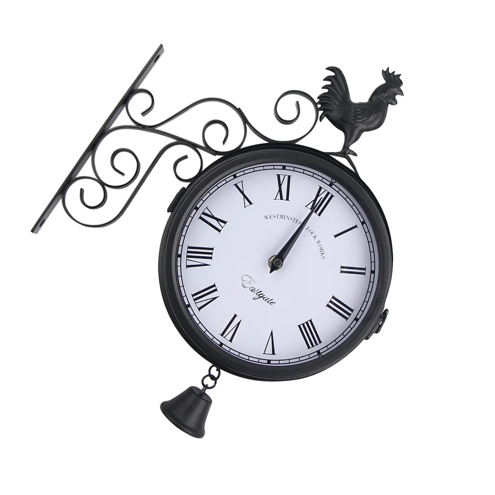 

Retro Metal Wall Clock Black Double-Sided Bell Design Silent Quartz Non-Ticking for Home Decor Cafe Bar Hotel Living Room Garden