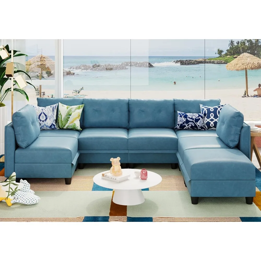 Modular sofa, convertible U-shaped sofa, with storage space, waterproof sofa with artificial leather fabric, 7 seats