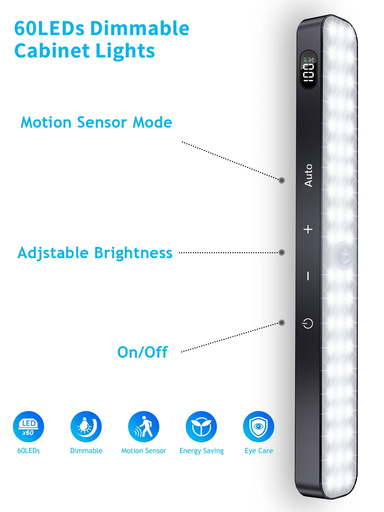 WILLED Cabinet Lights Rechargeable Battery Display 60 LED Motion Sensor Cabinet Light Dimmable Touch Control Night Lights