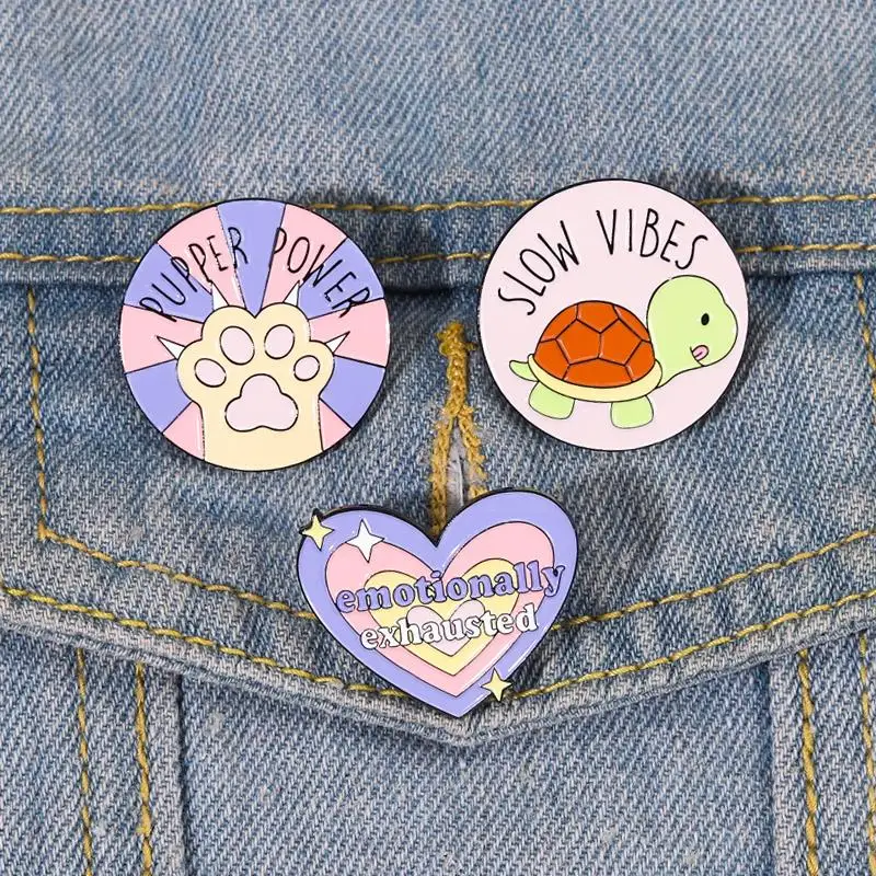 Slow Vibes Enamel Pins Custom Pupper Power Brooches Lapel Badges Animal Cat Paws Turtle Jewelry Gift for Kids Friends