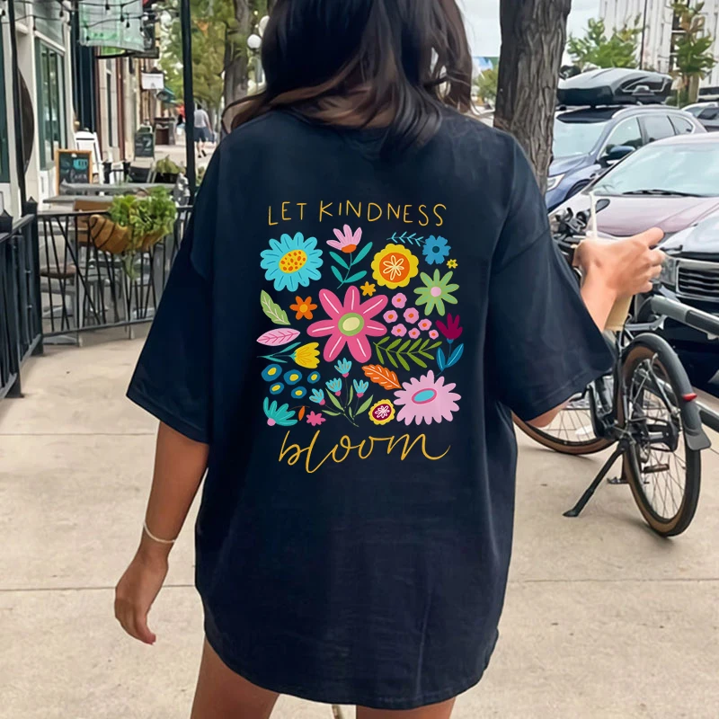 Summer Women Oversized T-shirt Let Kindness Bloom Print Floral Crew Neck T-Shirts Girls Wildflowers Cartoon Oversiz Size T-shirt