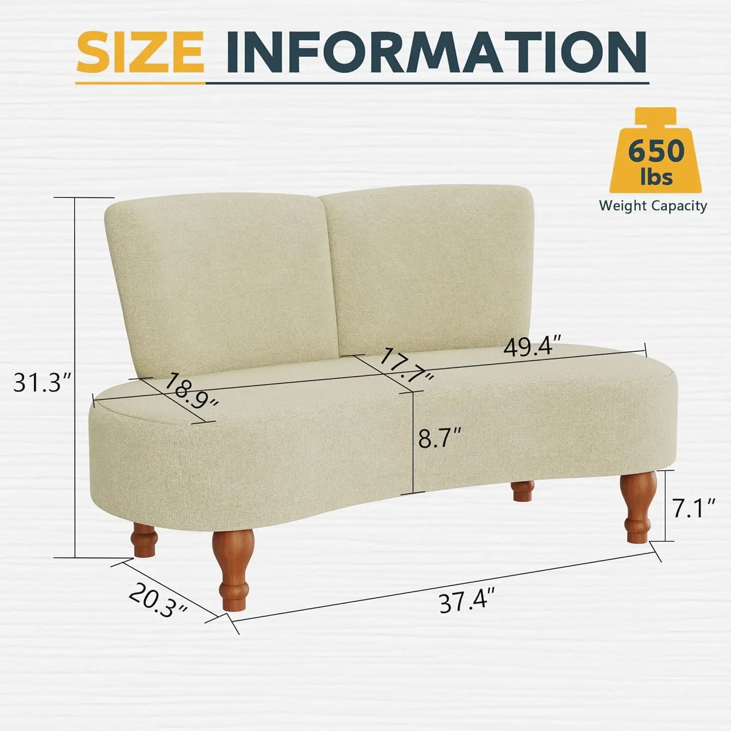 Compact 49in Curved Loveseat Sofa Settee Solid Wooden Legs Comfort Backrest Couch for Small Living Dining Bedroom