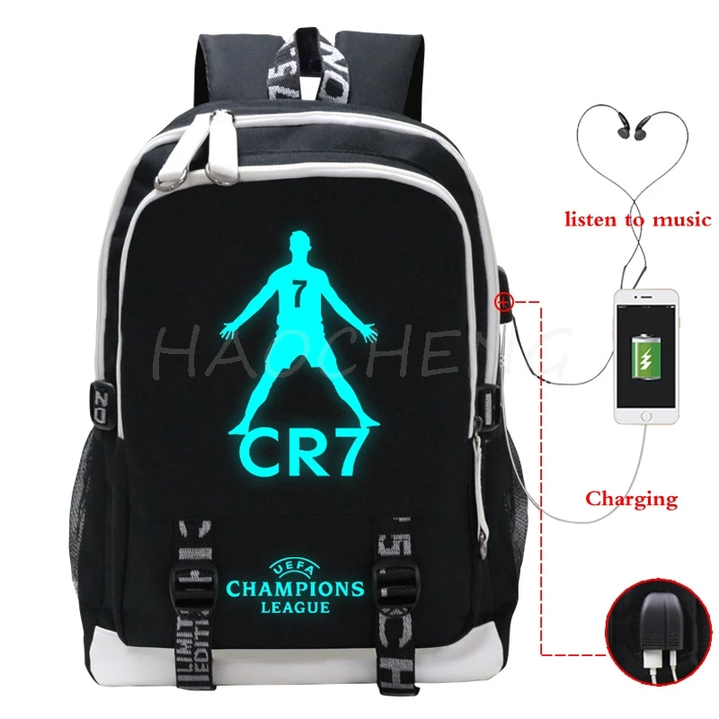 Football CR7 Luminous Print School Book Bags USB Large Capacity Teenagers Student Schoolbags Women Men Laptop Travel Backpack