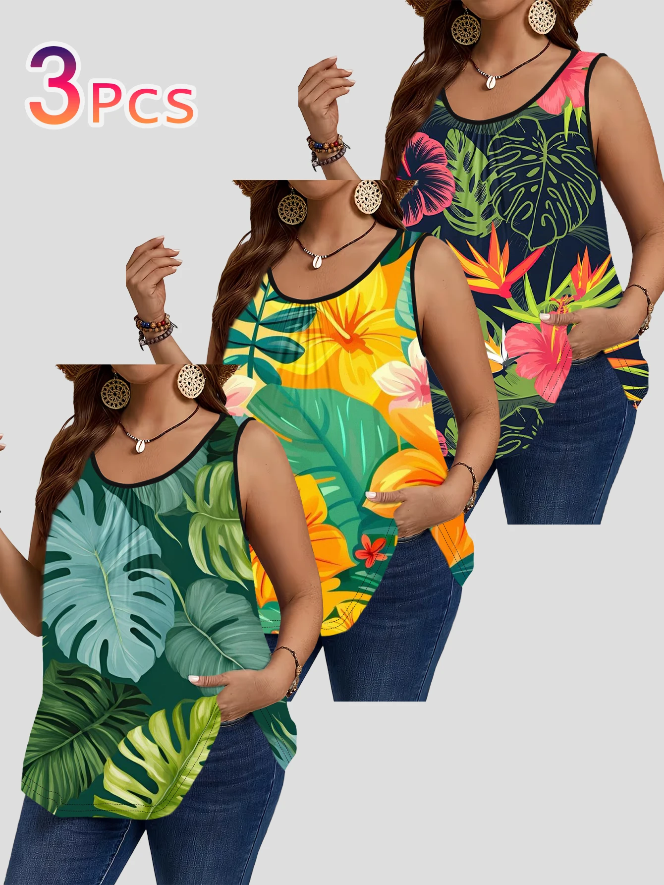 3-Piece Set of Plus-Size Sleeveless Vests with Tropical Monstera Leaves, Bird of Paradise, and Hibiscus Flowers in Contrasting Prints, Summer Vacation Style Loose-Fitting Camisole Tops That Cover the Body