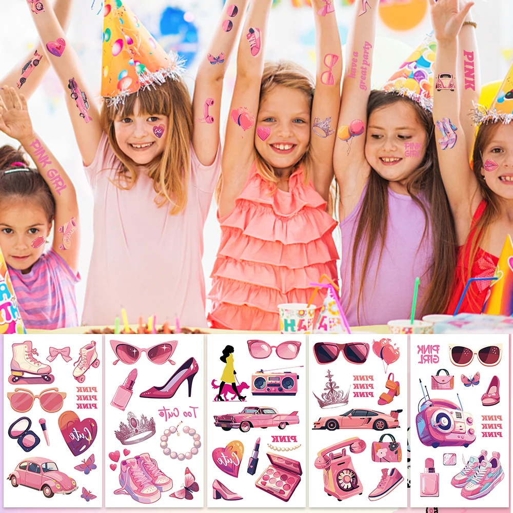 10pcs/pack Pink Girls Party Temporary Fake Tattoo Waterproof Stickers for Cartoon Children's Birthday Gift DIY Sticker Supplies