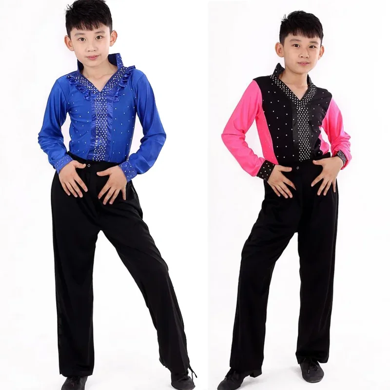 Meninos latinos trajes de salsa, performance de salão infantil, roupas de dança, tops e calças azuis e verdes, novos