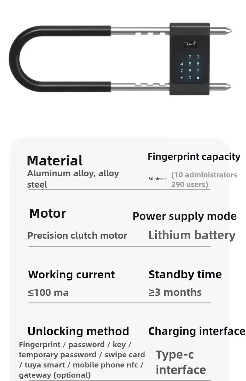 

Excellent Smart U-lock Glass Door Fingerprint Lock Suitable for Shop Facade Rooms Electronic Lock with Key Can Be Unlocked By Bl