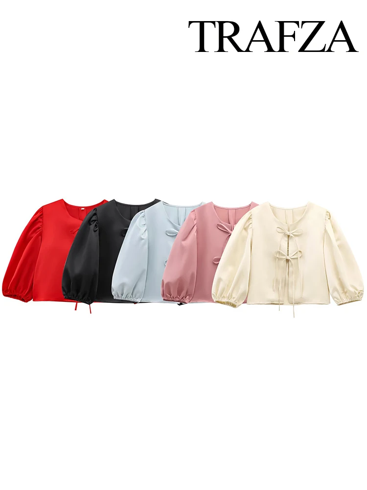 

TRAFZA Women's New Fashion Solid Round Neck Satin Puff Sleeve Bow Short Top Female Elegant High Street Casual Long Sleeve Shirt