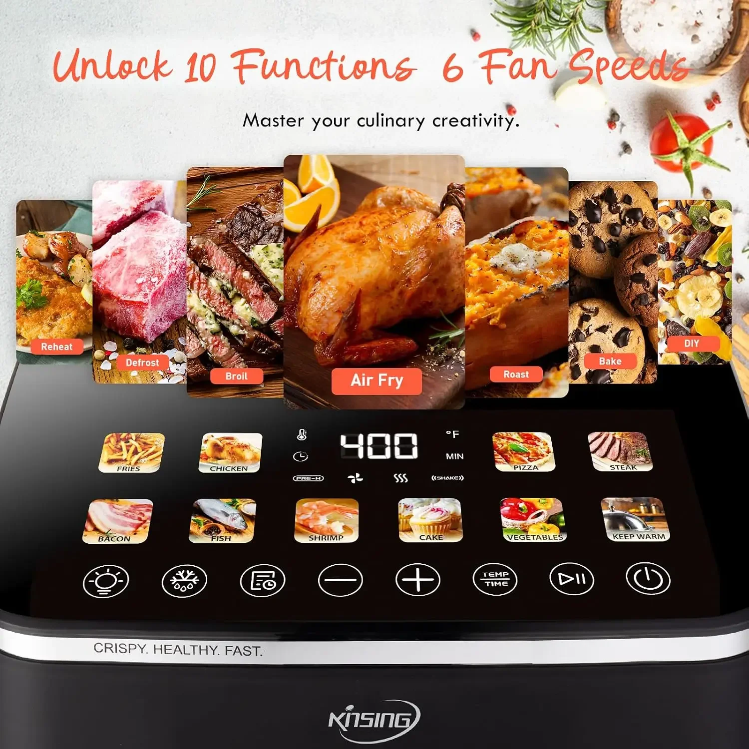 10.6 QT Oilless XL Large Air Fryer, 9 Presets & Keep Warm, Stainless Steel Inner Cavity, 400℉ Precise Temp Control, Shake