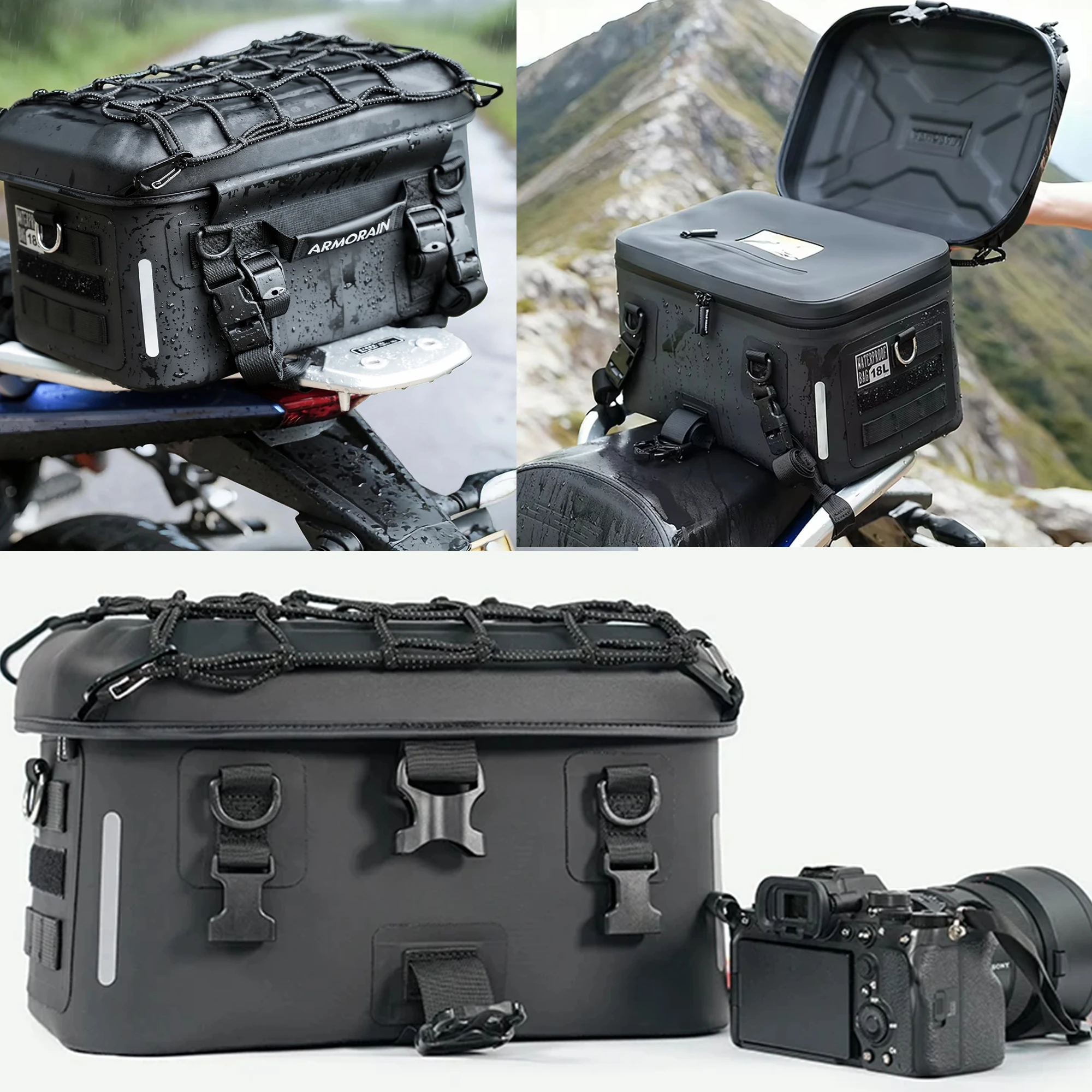 Motorcycle Tail Luggage Bag Waterproof 18L Hard Shell Motor Rear Seat Camera Mounting Bag for Adventure Travelling Cycling