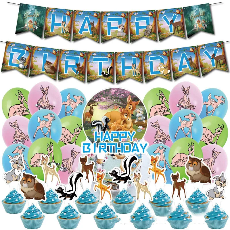 Disney Baby Deer Bambi Theme Children\'s Boys and Girls\' Birthday Party Venue Decoration Set Flag Inserting Latex Balloon