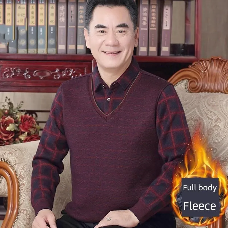 

Вязаный велюровый свитер и комплект из двух предметов для мужчин среднего и старшего возраста: модная зимняя одежда для пап, красный цвет