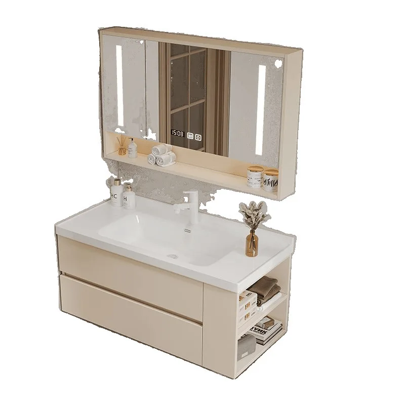 Toilet Side Cabinet Solid Wood Bathroom Cabinet Combination Small Apartment Bathroom Ceramic Integrated Washbasin