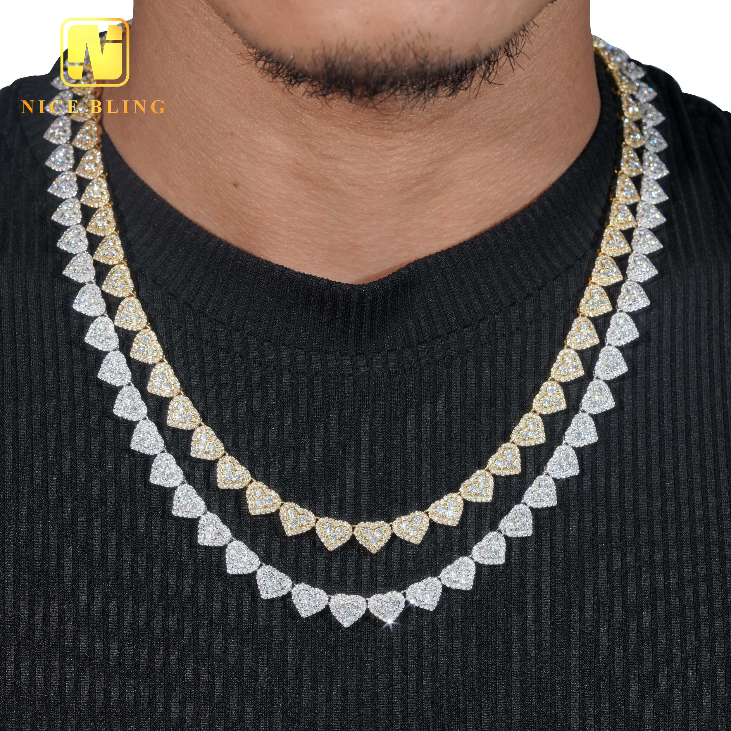 Heart 8mm Shape Hip Hop Jewelry Necklace Diamond Iced Out Cuban Link Chain Moissanite Necklace Bracelet for Men Women.