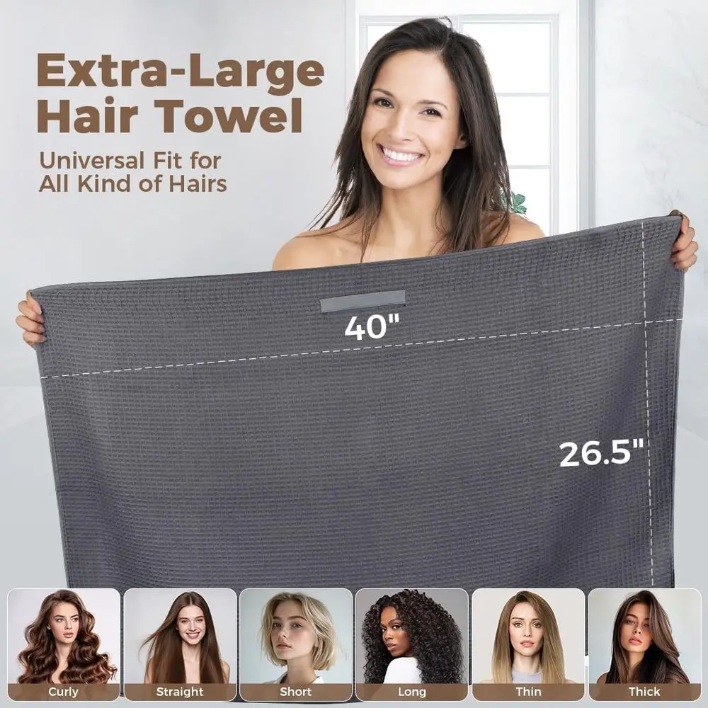 2 Pack Large Microfiber Hair Towels - 40 x 26.5 for Long, Thick, Curly Hair - Anti-Frizz Wrap with Elastic Strap, Black/Grey view 2