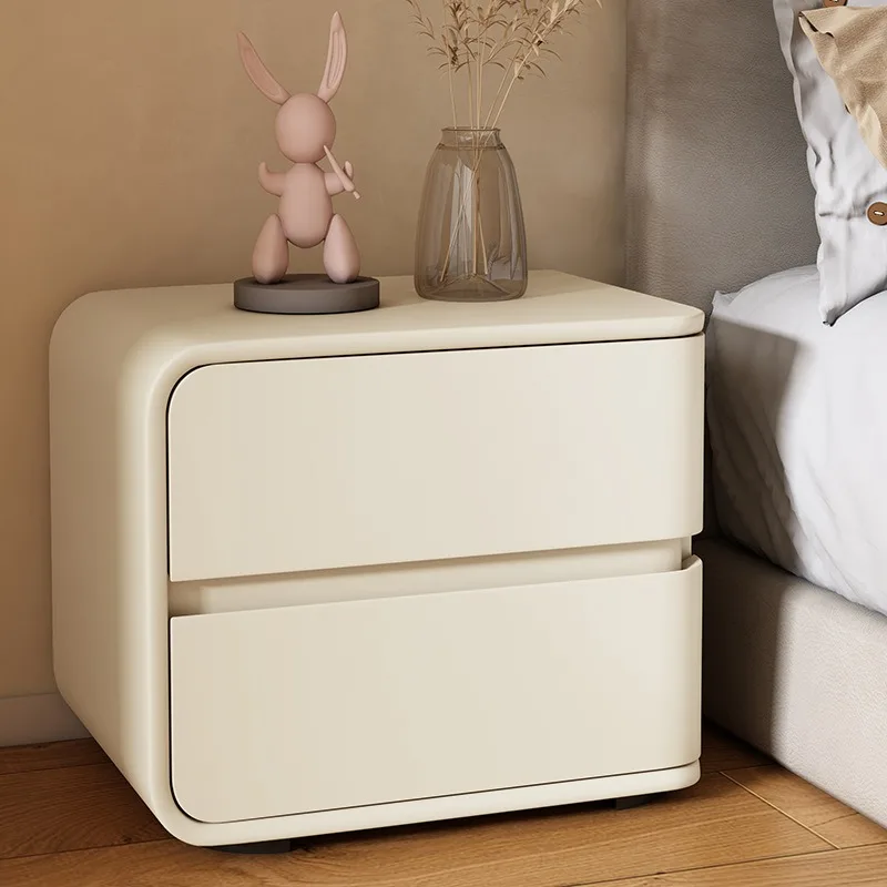 

Minimalist modern solid wood leather nightstand, cream-style girlish pink art bedroom mini side cabinet