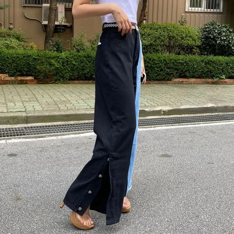 SuperAen Black and Blue Contrast Color Denim Split Wide-leg Jeans 2026 Autumn New High Waist Office Lady Long Pants
