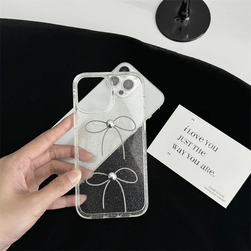 Ins korean Cute Bow knot Glitter Transparent Phone Case For iPhone 15 14 13 12 Pro Max 11 Camera Protective Soft Cover Funda