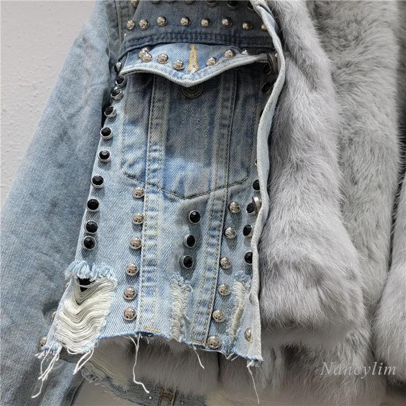 2024ฤดูหนาวใหม่ทอดStreetขนสุนัขจิ้งจอกจริงกระต่ายขนสัตว์Warm Rivet Denimแจ็คเก็ตสั้นสําหรับผู้หญิง