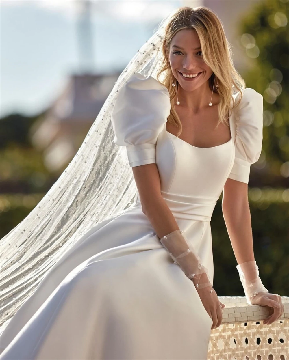 Vestidos De Novia De satén De color marfil exquisitos personalizados, Vestido De Novia sencillo De corte en A, vestidos De Novia elegantes con cuello cuadrado y mangas abullonadas