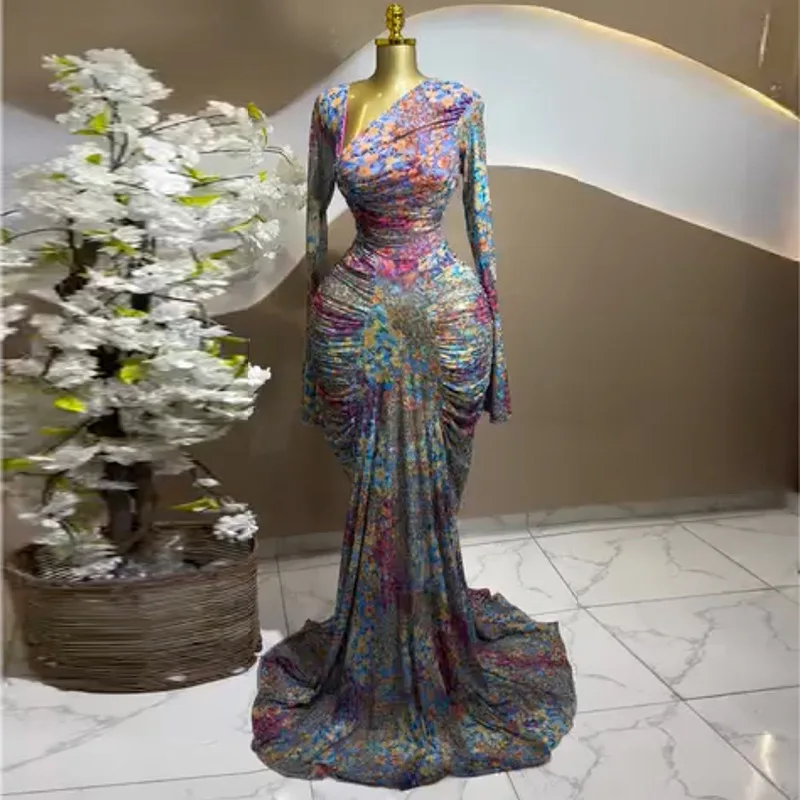 

Women's Floral Asymmetrical Neckline Ruched Long Dress 2026 Elegant Birthday Party Long Sleeve Stacked Midi Maxi Dresses