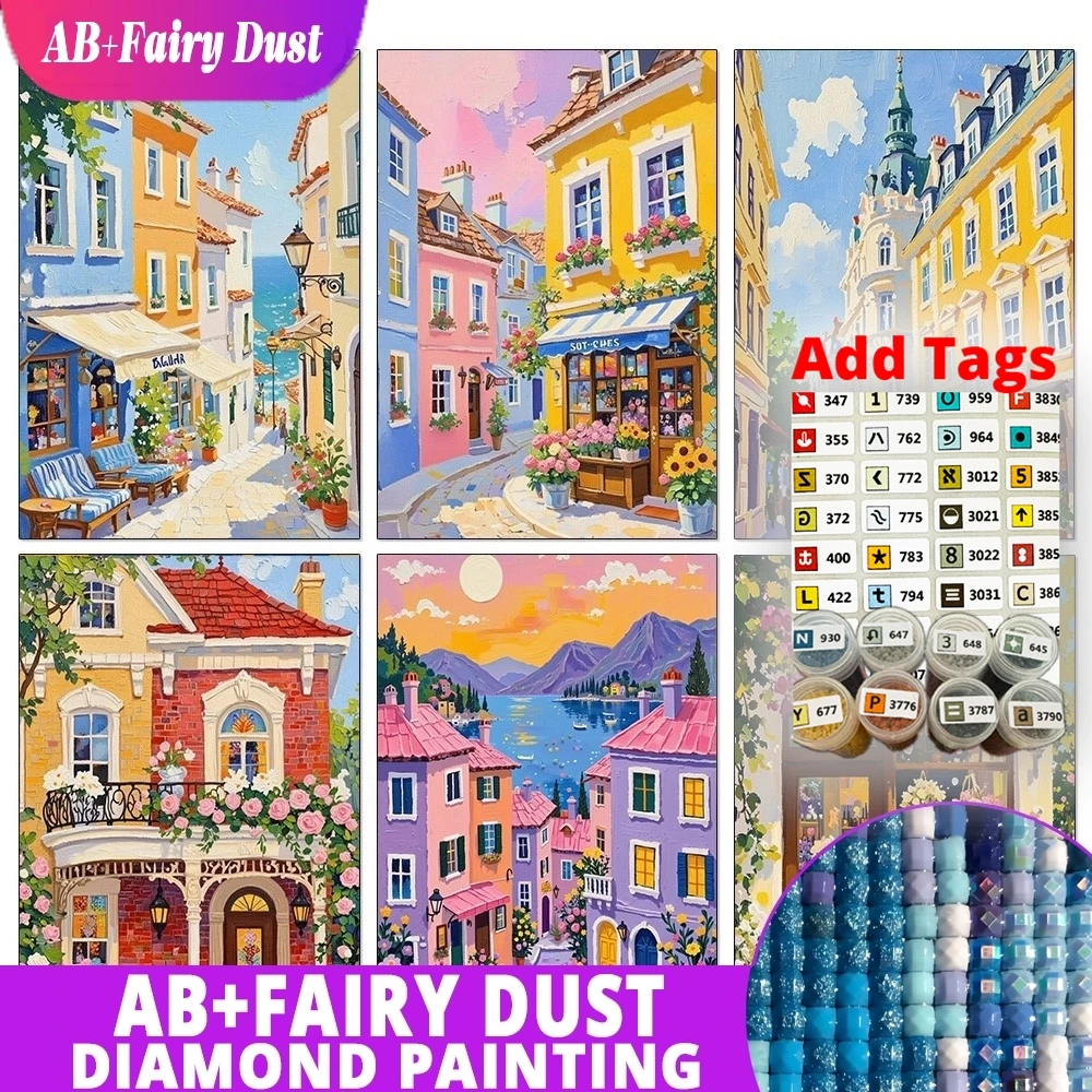 Fairy Dust AB Comes with DMC stickers Cartoon Fairy Tale World Colorful Town Scenery Diamond Painting DIYMosaic Embroidery Art H