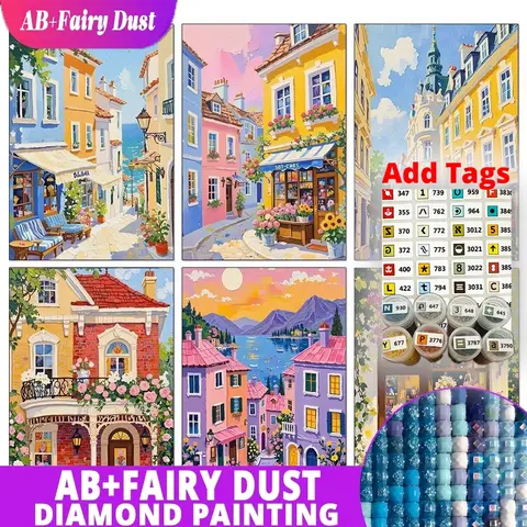 Fairy Dust AB Comes with DMC stickers Cartoon Fairy Tale World Colorful Town Scenery Diamond Painting DIYMosaic Embroidery Art H