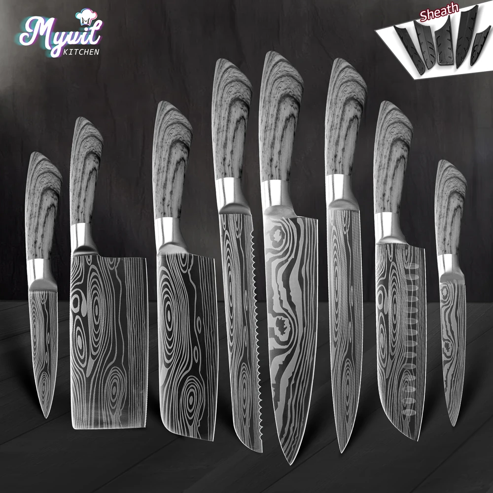 Kitchen Knives Set 1-8PCS Utility Santoku Japanese Chef Knife Cleaver Damascus Drawing 7Cr17 440C Stainless Steel Kitchen Tools