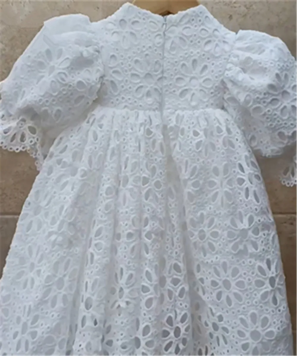 White Balloon Sleeve Flower Girl Dresses for Wedding Hollow Out Lace Long Princess Kids Pageant First Communion Ball Gown