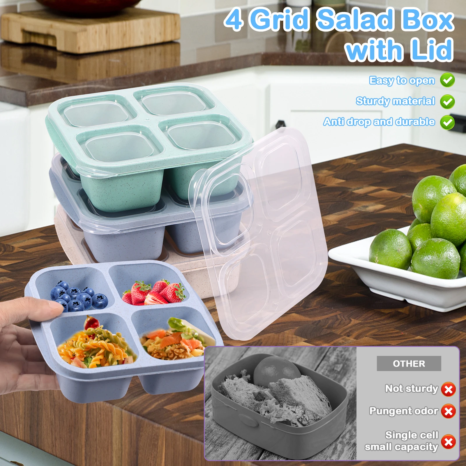 4 Pack Kids Snack Containers Including Lid 4 Compartment Bento Snack Box Stackable Snack Container 4 Colors Bento Food Box